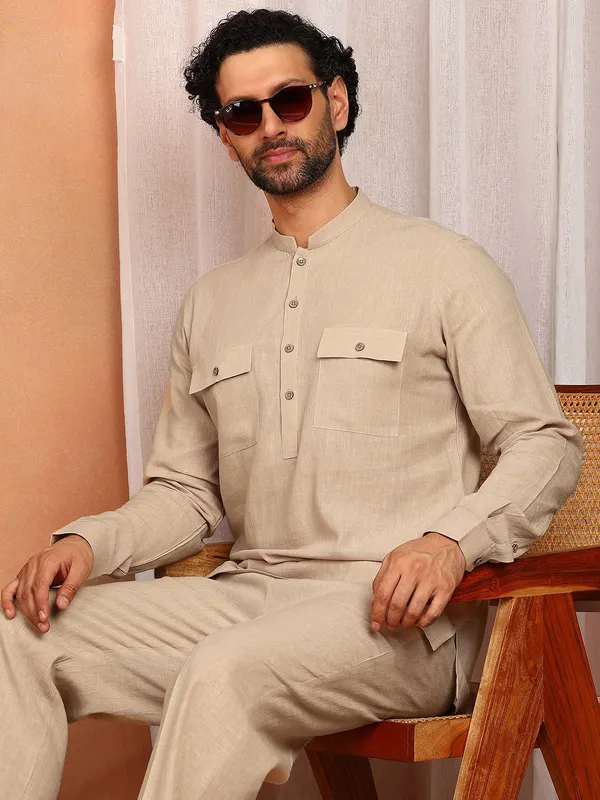 Men's_Beige_Linen_Solid_Pathani_Co-ord_Set