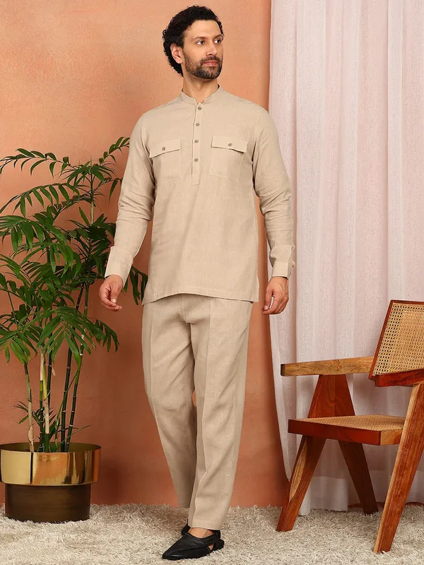 Men's_Beige_Linen_Solid_Pathani_Co-ord_Set