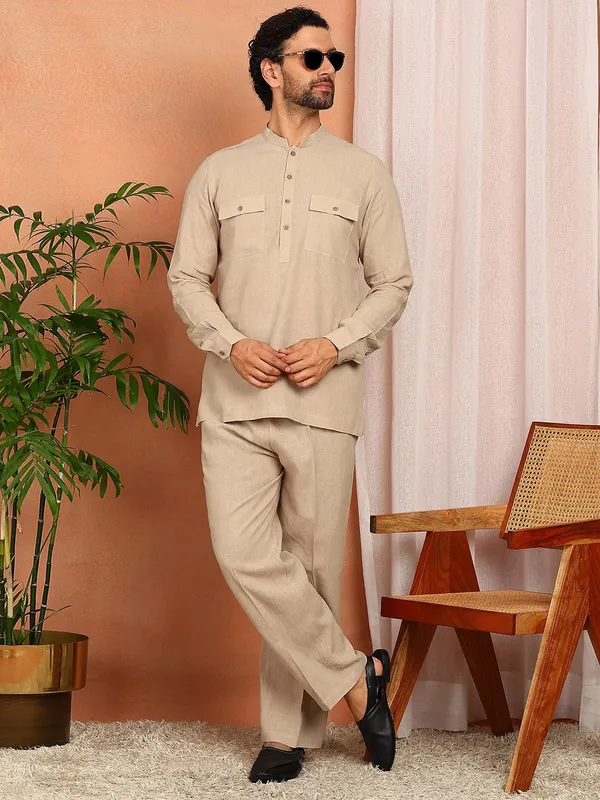 Men's_Beige_Linen_Solid_Pathani_Co-ord_Set