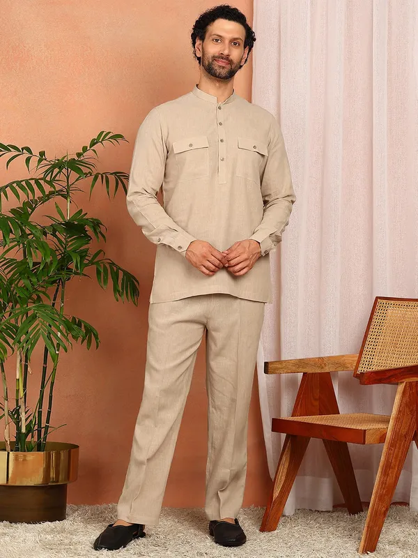 Men's_Beige_Linen_Solid_Pathani_Co-ord_Set