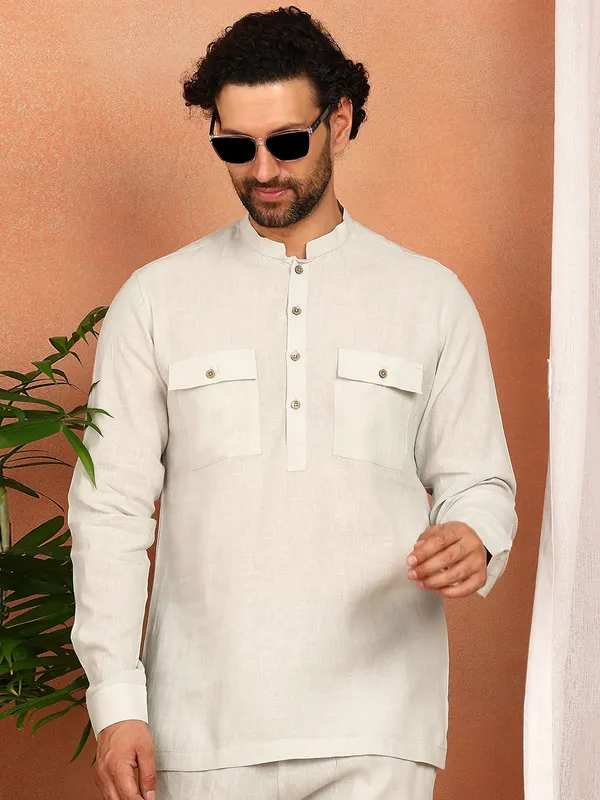 Men's_Cream_Linen_Solid_Pathani_Co-ord_Set