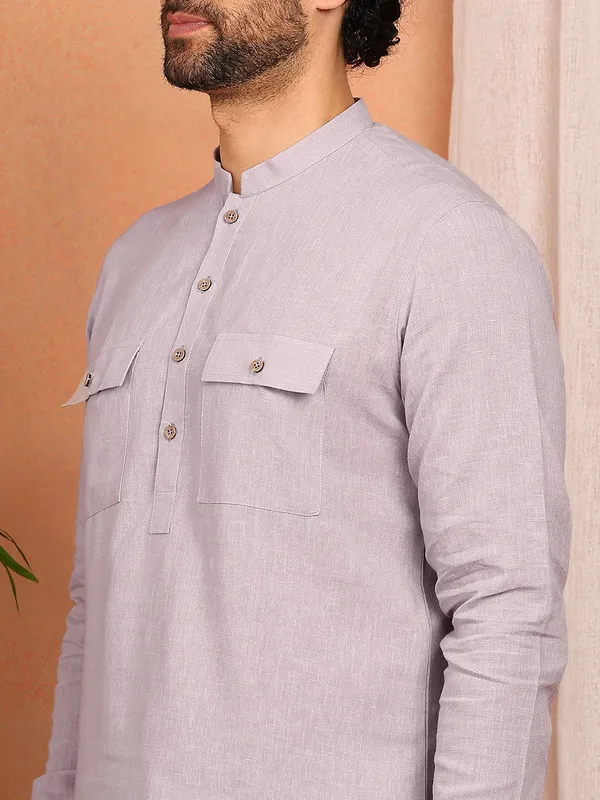Men'S_Pastel_Purple_Linen_Solid_Pathani_Set