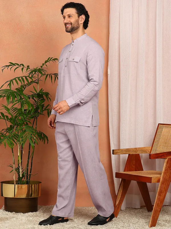 Men'S_Pastel_Purple_Linen_Solid_Pathani_Set