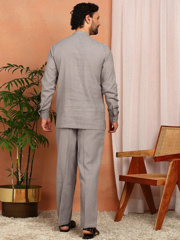 Men'S_Gray_Linen_Solid_Pathani_Set