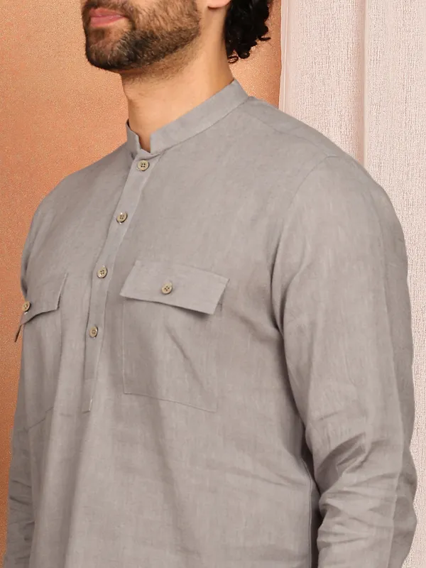 Men'S_Gray_Linen_Solid_Pathani_Set
