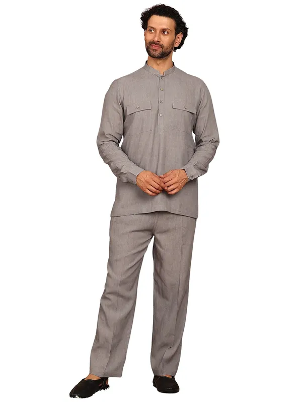 Men'S_Gray_Linen_Solid_Pathani_Set