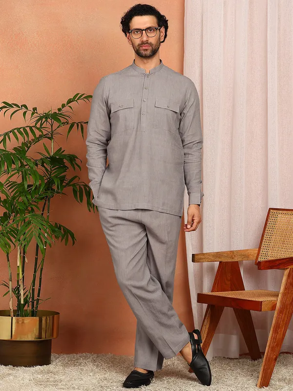 Men'S_Gray_Linen_Solid_Pathani_Set