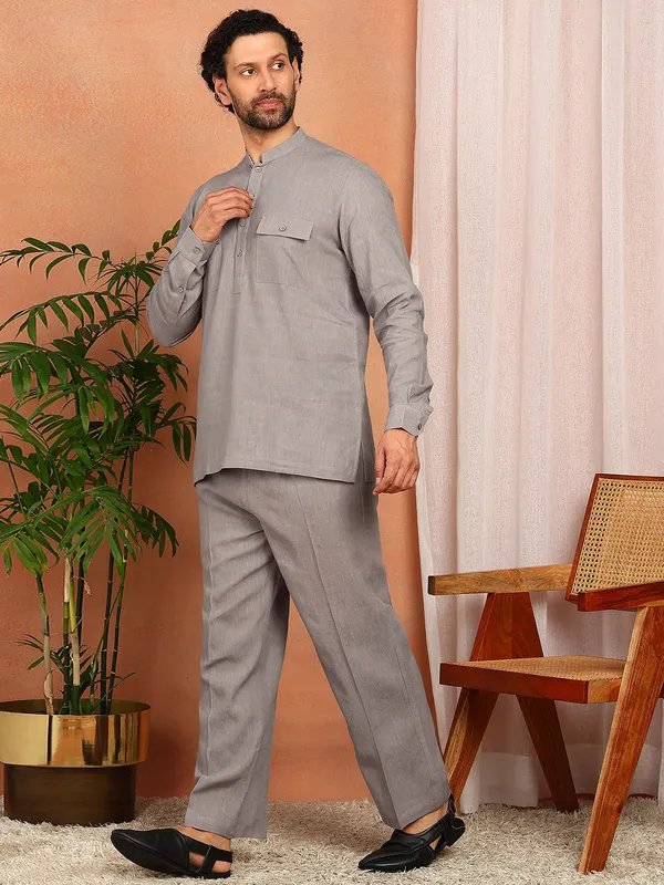 Men'S_Gray_Linen_Solid_Pathani_Set