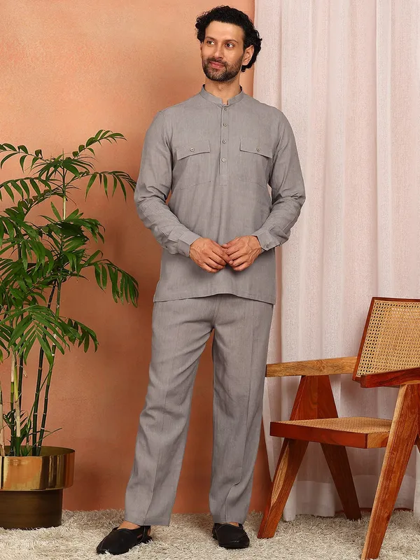 Men's_Gray_Linen_Solid_Pathani_Co-ord_Set