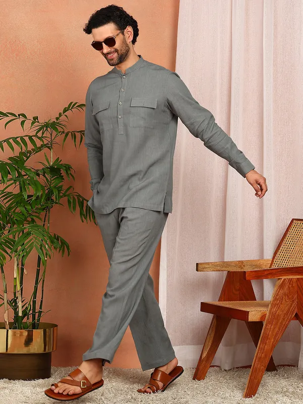 Men'S_Green_Linen_Solid_Pathani_Set