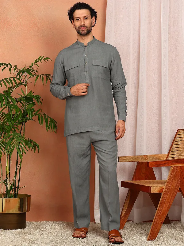 Men'S_Green_Linen_Solid_Pathani_Set