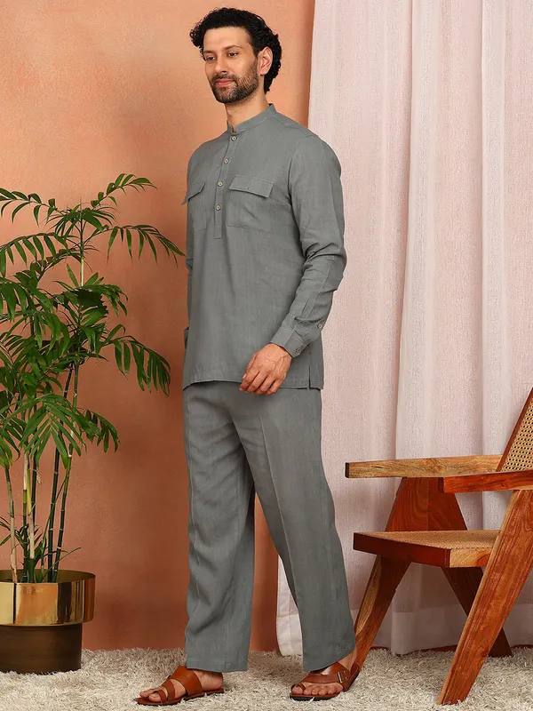 Men'S_Green_Linen_Solid_Pathani_Set