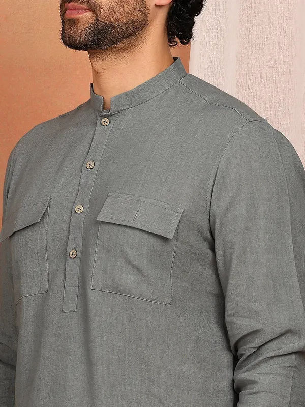 Men'S_Green_Linen_Solid_Pathani_Set