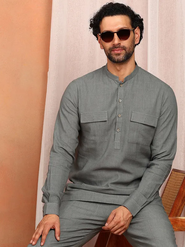 Men'S_Green_Linen_Solid_Pathani_Set
