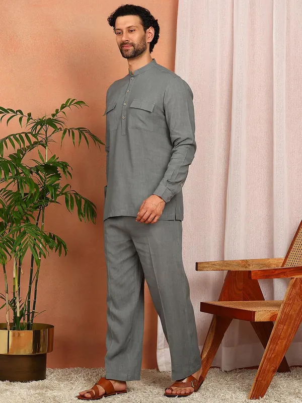 Men's_Gray_Linen_Solid_Pathani_Co-ord_Set
