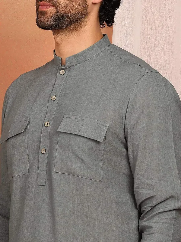 Men's_Gray_Linen_Solid_Pathani_Co-ord_Set