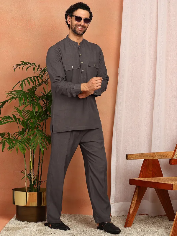 Men'S_Gray_Linen_Solid_Pathani_Set
