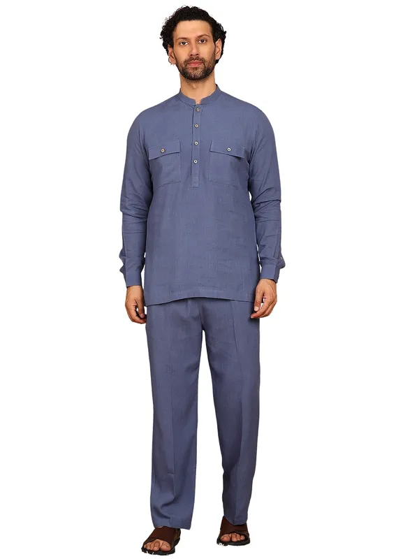 Men'S_Blue_Linen_Solid_Pathani_Set