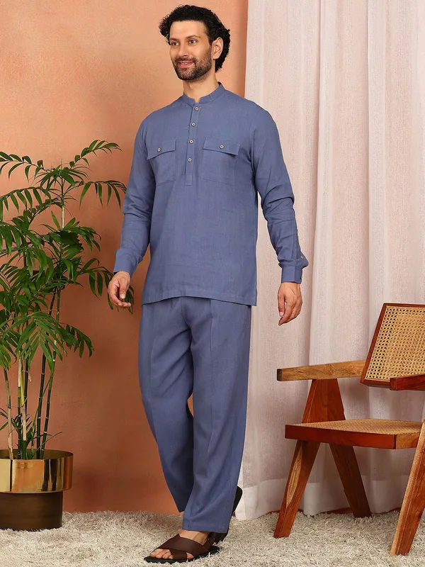 Men'S_Blue_Linen_Solid_Pathani_Set