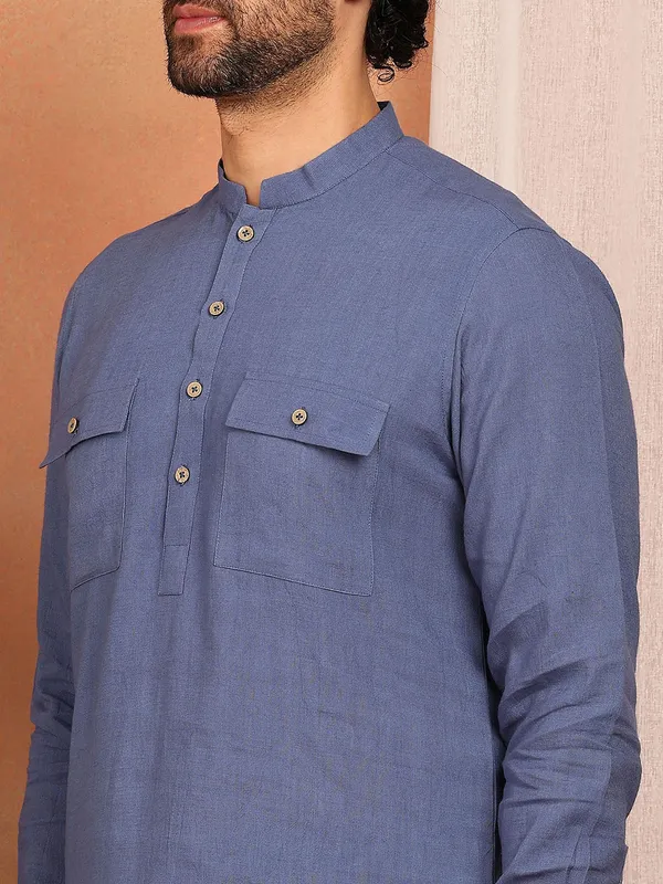 Men'S_Blue_Linen_Solid_Pathani_Set