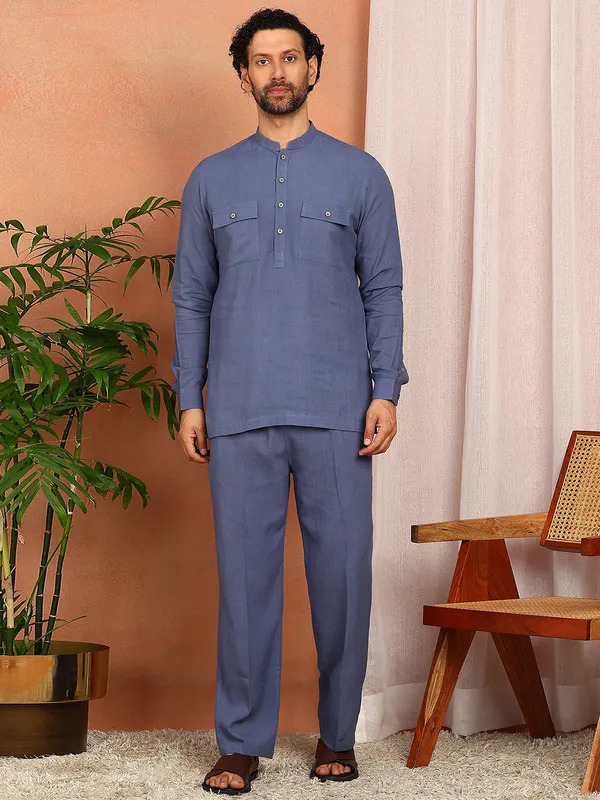 Men'S_Blue_Linen_Solid_Pathani_Set