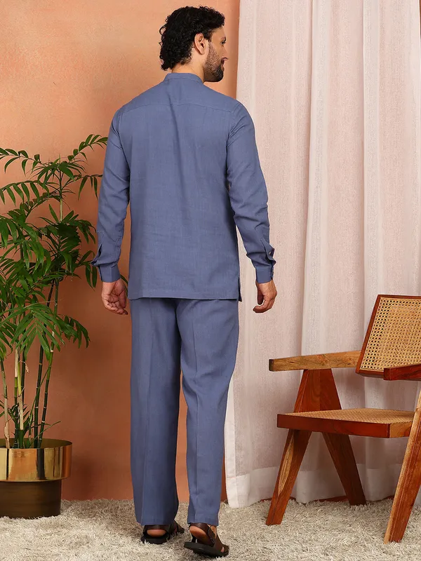 Men'S_Blue_Linen_Solid_Pathani_Set