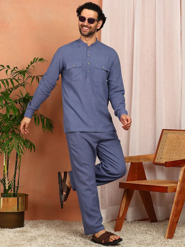 Men'S_Blue_Linen_Solid_Pathani_Set