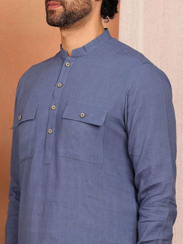Men's_Blue_Linen_Solid_Pathani_Co-ord_Set