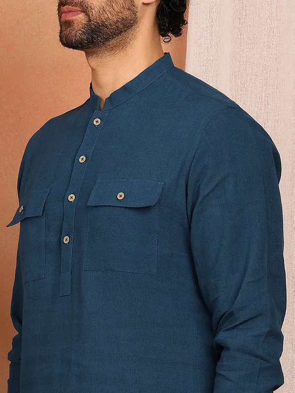 Men's_Royal_Blue_Linen_Solid_Pathani_Co-ord_Set