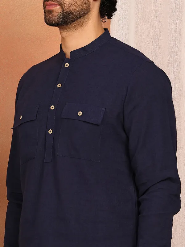 Men'S_Navy_Blue_Linen_Solid_Pathani_Set