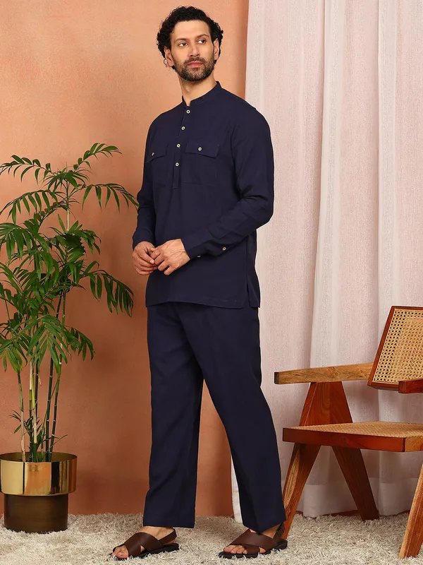 Men'S_Navy_Blue_Linen_Solid_Pathani_Set