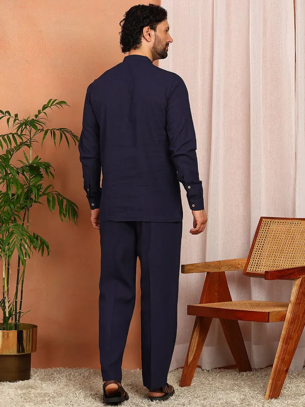 Men'S_Navy_Blue_Linen_Solid_Pathani_Set