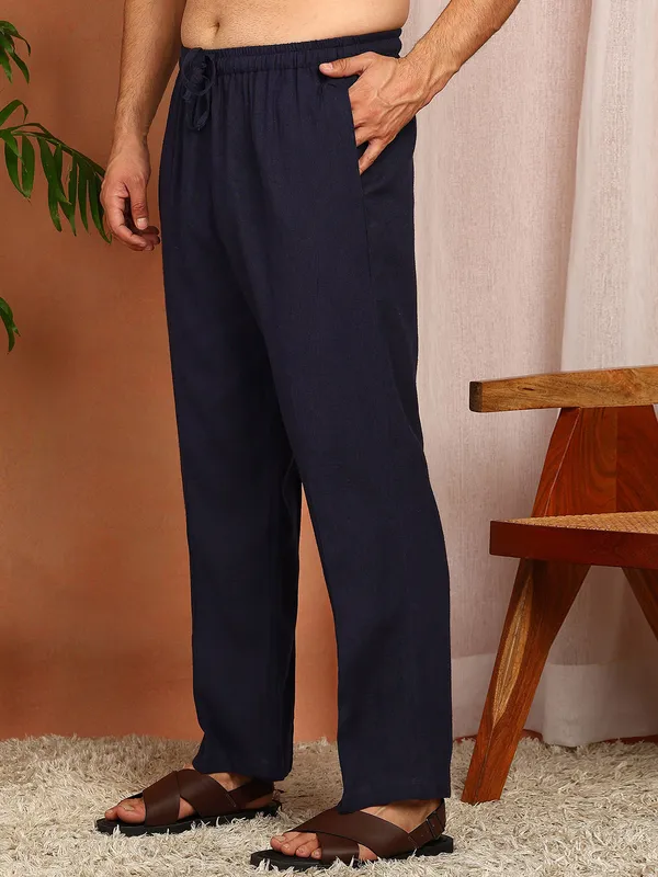 Men'S_Navy_Blue_Linen_Solid_Pathani_Set