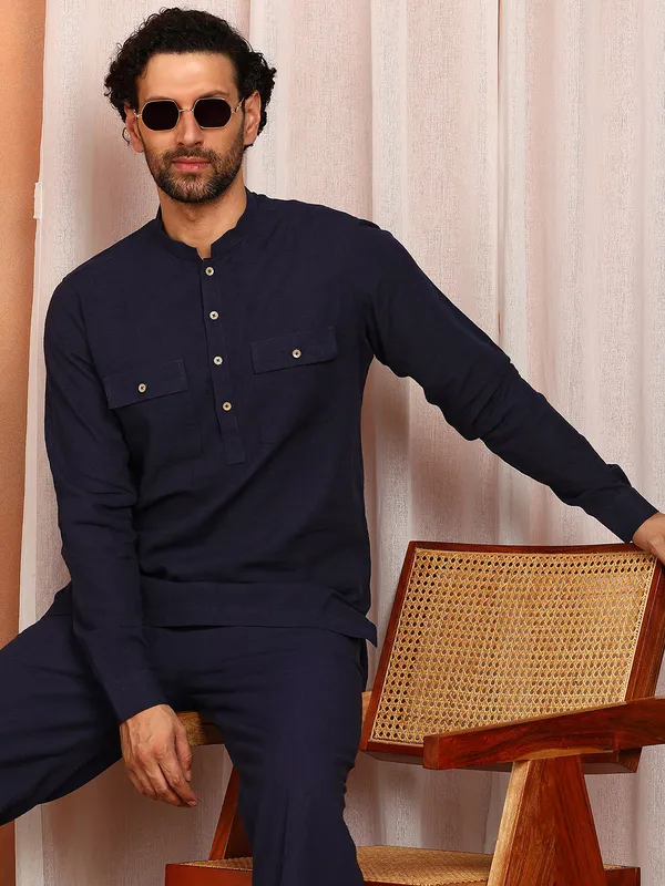 Men'S_Navy_Blue_Linen_Solid_Pathani_Set