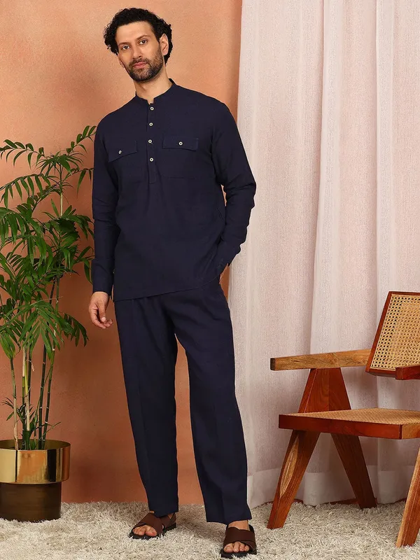 Men's_Navy_Blue_Linen_Solid_Pathani_Co-ord_Set