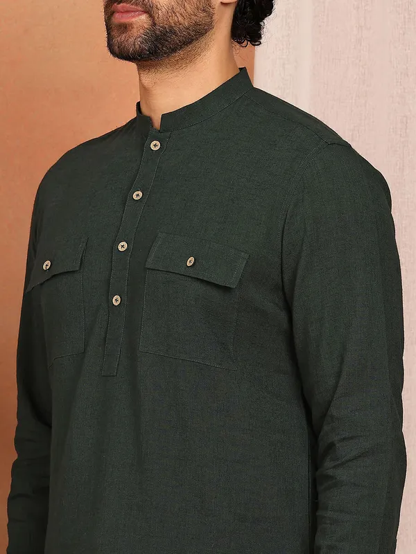 Men's_Dark_Green_Linen_Solid_Pathani_Co-ord_Set