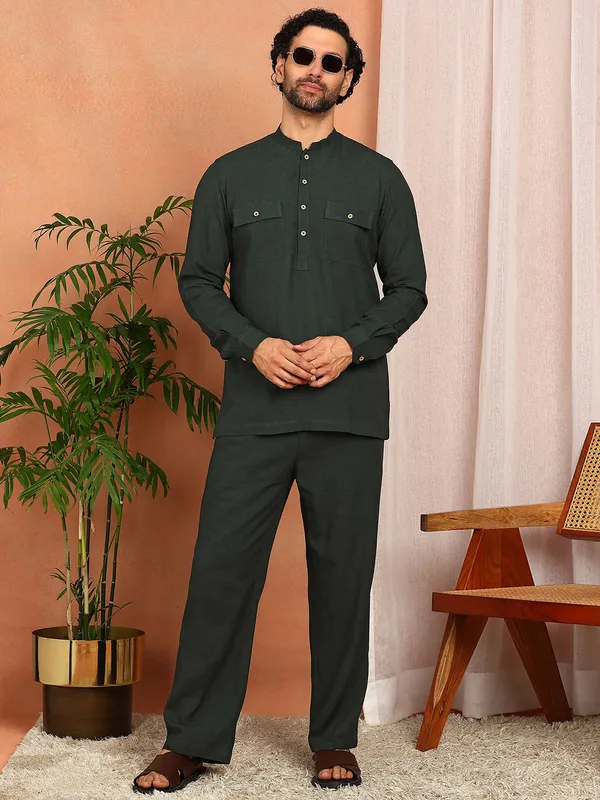 Men's_Dark_Green_Linen_Solid_Pathani_Co-ord_Set