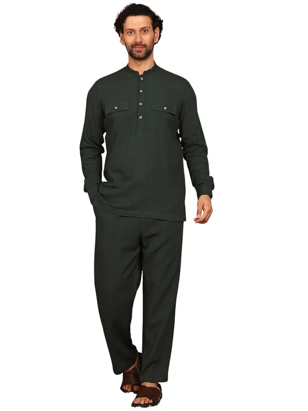 Men's_Dark_Green_Linen_Solid_Pathani_Co-ord_Set