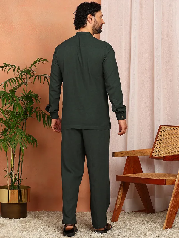 Men'S_Dark_Green_Linen_Solid_Pathani_Set