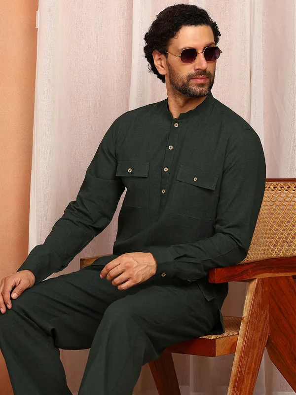 Men'S_Dark_Green_Linen_Solid_Pathani_Set