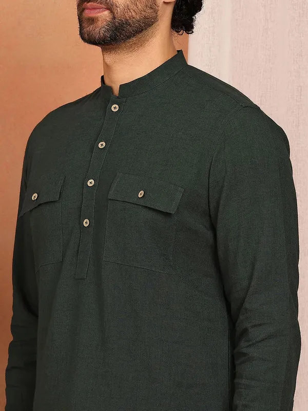 Men's_Dark_Green_Linen_Solid_Pathani_Co-ord_Set