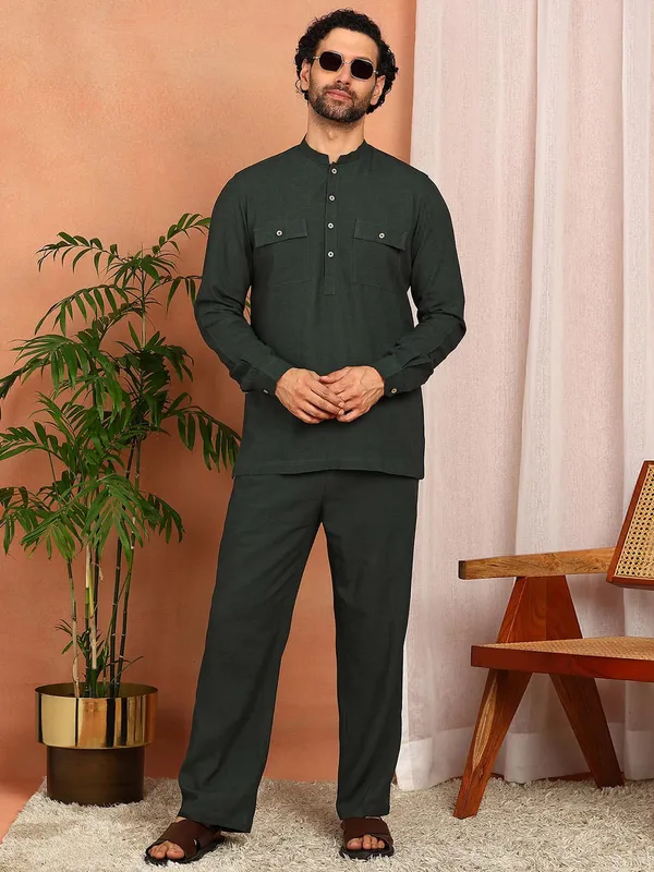 Men's_Dark_Green_Linen_Solid_Pathani_Co-ord_Set