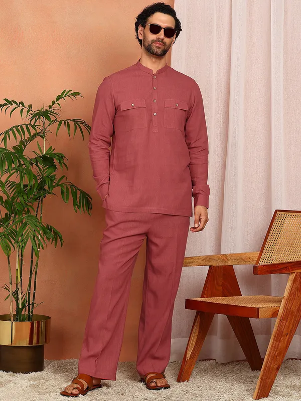 Men'S_Red_Linen_Solid_Pathani_Set