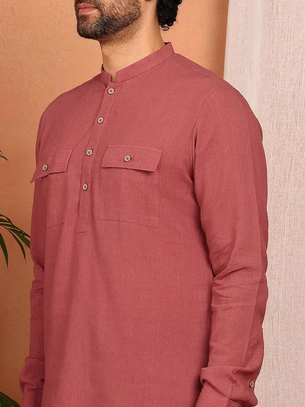 Men'S_Red_Linen_Solid_Pathani_Set