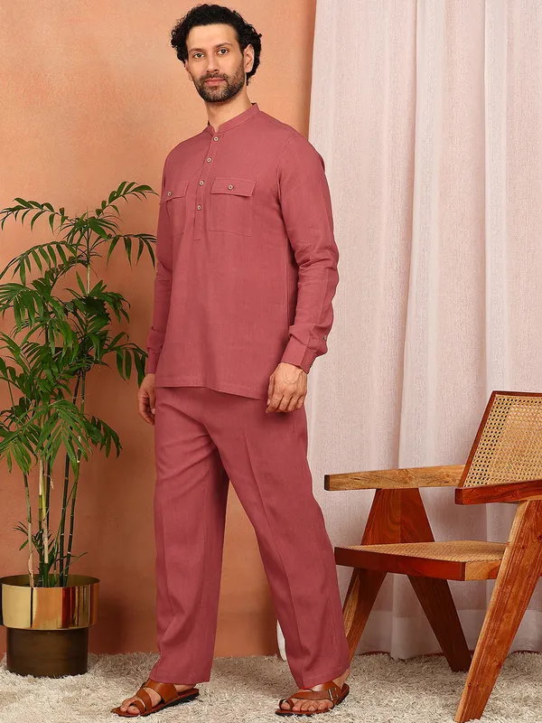 Men'S_Red_Linen_Solid_Pathani_Set