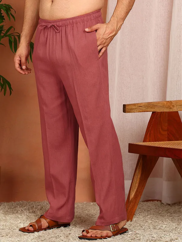 Men'S_Red_Linen_Solid_Pathani_Set