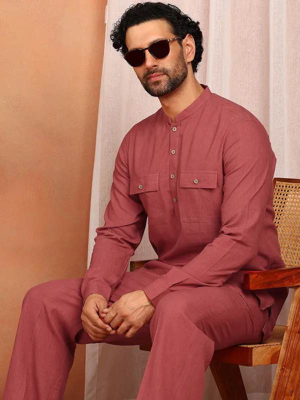 Men'S_Red_Linen_Solid_Pathani_Set