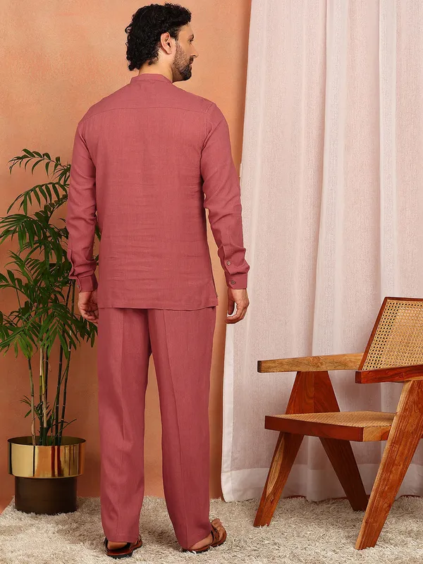 Men'S_Red_Linen_Solid_Pathani_Set