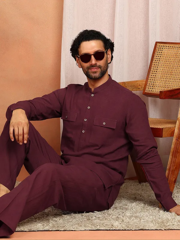 Men'S_Maroon_Linen_Solid_Pathani_Set