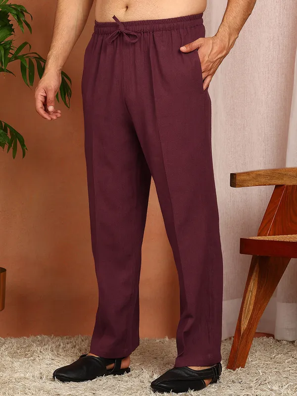 Men'S_Maroon_Linen_Solid_Pathani_Set